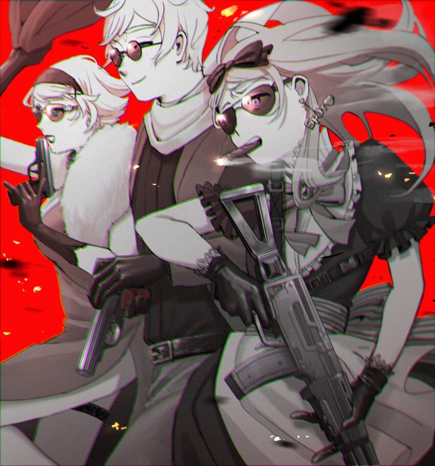 apron axis_powers_hetalia back_bow belarus_(hetalia) belt bow bowtie breasts brother_and_sister bullet cigarette closed_mouth commentary_request cowboy_shot dress earrings elbow_gloves floating_clothes floating_hair frills fur_collar gem gloves greyscale greyscale_with_colored_background gun hair_bow hair_ornament hairband hand_up handgun highres holding holding_gun holding_weapon jacket jewelry lapels lips long_hair long_sleeves looking_to_the_side makeup medium_breasts monochrome open_clothes open_jacket open_mouth pants pcpc_onaka puffy_short_sleeves puffy_sleeves red_background round_eyewear russia_(hetalia) scarf short_hair short_sleeves siblings simple_background sisters smile smoke smoking standing striped_bow sunglasses teeth thigh_strap tokarev_tt-33 ukraine_(hetalia) weapon x_hair_ornament