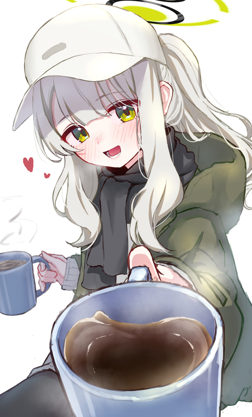 1girl absurdres baseball_cap black_scarf blue_archive blush coffee cup green_eyes green_halo green_jacket halo hare_(blue_archive) hare_(camp)_(blue_archive) hat heart highres holding holding_cup hood hood_down hooded_jacket hot_chocolate jacket long_hair long_sleeves looking_at_viewer lower_teeth_only multicolored_halo official_alternate_costume open_mouth ponytail scarf sidelocks simple_background smile solo steam steam_from_mouth take-run-atelier teeth tongue white_background white_hair white_hat