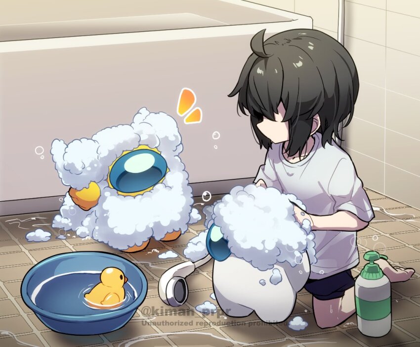 3others ahoge among_us bathroom bathtub brown_hair bubble commentary_request crewmate_(among_us) disembodied_hand faceless indoors kiman kneeling multiple_others rubber_duck shampoo_bottle short_hair short_sleeves shorts shower_head soap_bubbles they_(kiman) tile_floor tile_wall tiles twitter_username washbowl washing washing_another washing_hair water watermark wet white_(among_us) yellow_(among_us)