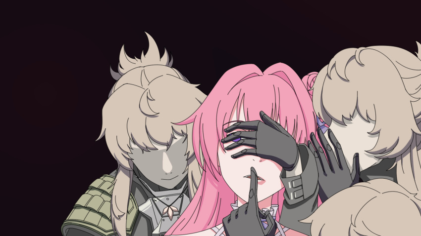 4girls ahoge armor black_background black_gloves blonde_hair bow closed_mouth collar commentary_request covering_another&#039;s_eyes dorothy_(nikke) empty_eyes expressionless faceless faceless_female finger_to_mouth flower_hairpin frilled_collar frills gloves goddess_of_victory:_nikke hair_bow hair_flaps hair_intakes highres jewelry long_hair long_sleeves looking_at_viewer multiple_girls necklace pink_hair pinne_(nikke) product_23_(nikke) pupupuplus purple_bow purple_eyes reference_request shoulder_armor sidelocks simple_background smile traumatized whispering whispering_in_ear
