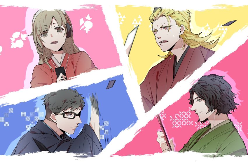 1girl 3boys black_hair blonde_hair blue_eyes blue_kimono card cellphone glasses green_kimono grey_eyes grey_hair headphones highres hishima_(ntwewy) holding holding_card holding_phone japanese_clothes kaie_(ntwewy) kimono long_hair matsunae_tsugumi medium_hair multiple_boys phone pink_kimono rectangular_eyewear red_kimono shiba_(ntwewy) shin_subarashiki_kono_sekai smartphone subarashiki_kono_sekai sweatdrop undercut wavy_hair