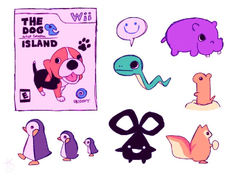 abby_(memedokies) animal_focus artlist_collection:_the_dog baby_animal beagle bird commentary creature dog english_commentary game_console hippopotamus nintendo no_humans penguin petasi puppy simple_background smiley_face snake squirrel the_dog_island:_hitotsu_no_hana_no_monogatari ubisoft white_background wii