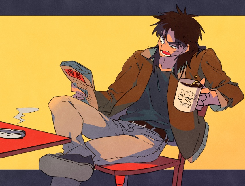 1boy absurdres ashtray belt black_belt black_eyes black_hair black_shirt black_shoes bomber_jacket brown_jacket chair coffee coffee_mug commentary_request cup facial_scar figure_four_sitting foot_out_of_frame grey_pants highres holding holding_cup holding_newspaper inudori itou_kaiji jacket kaiji long_hair long_sleeves male_focus mug newspaper open_clothes open_jacket open_mouth pants rolled_up_newspaper scar scar_on_cheek scar_on_face shirt shoe_soles shoes sitting solo table teeth yellow_background