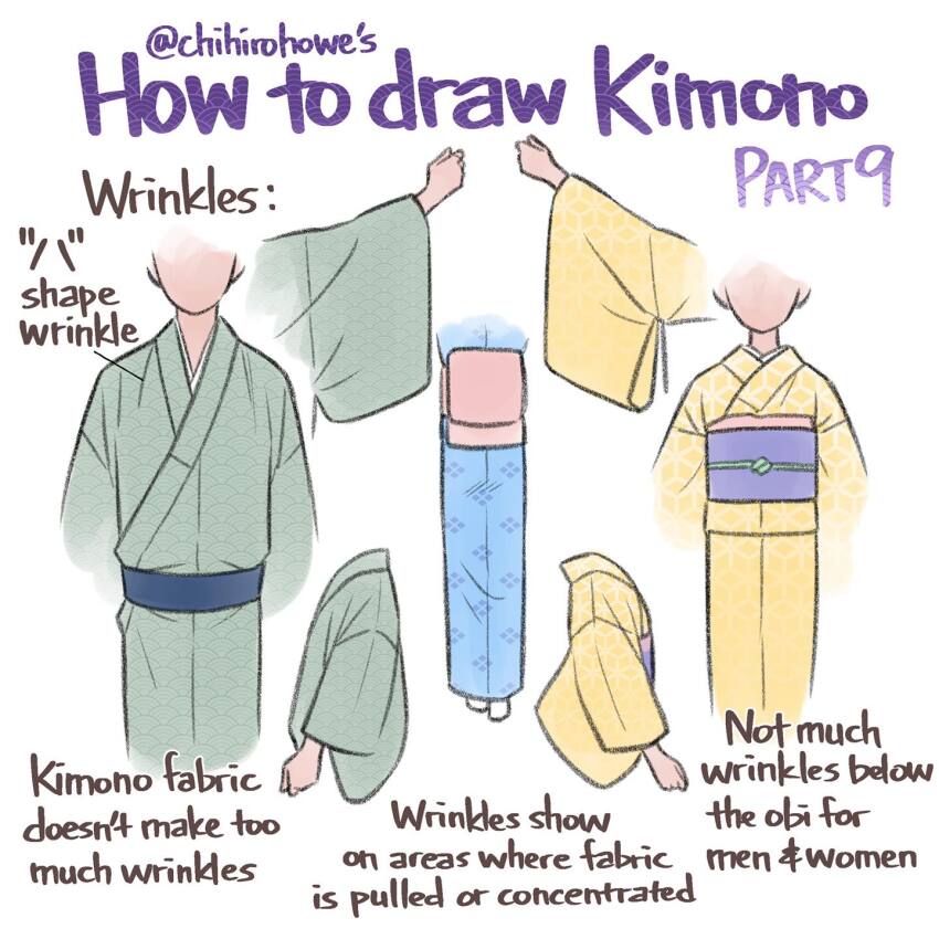 1boy 2girls blue_kimono blue_sash chihiro_howe clothes_focus commentary english_commentary english_text facebook_username green_kimono highres how_to japanese_clothes kimono multiple_girls multiple_views obi obiage obijime original print_kimono purple_sash sash seigaiha twitter_username white_background wrinkled_fabric yellow_kimono