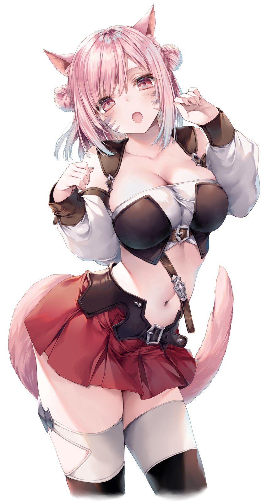 absurdres animal_ears belly belt breasts cat_ears cat_girl cat_tail crop_top detached_sleeves facial_mark final_fantasy final_fantasy_xiv highres hime_gyo large_breasts medium_hair midriff miniskirt miqo&#039;te navel open_mouth paw_pose pink_eyes pink_hair skirt tail thighhighs warrior_of_light_(ff14)