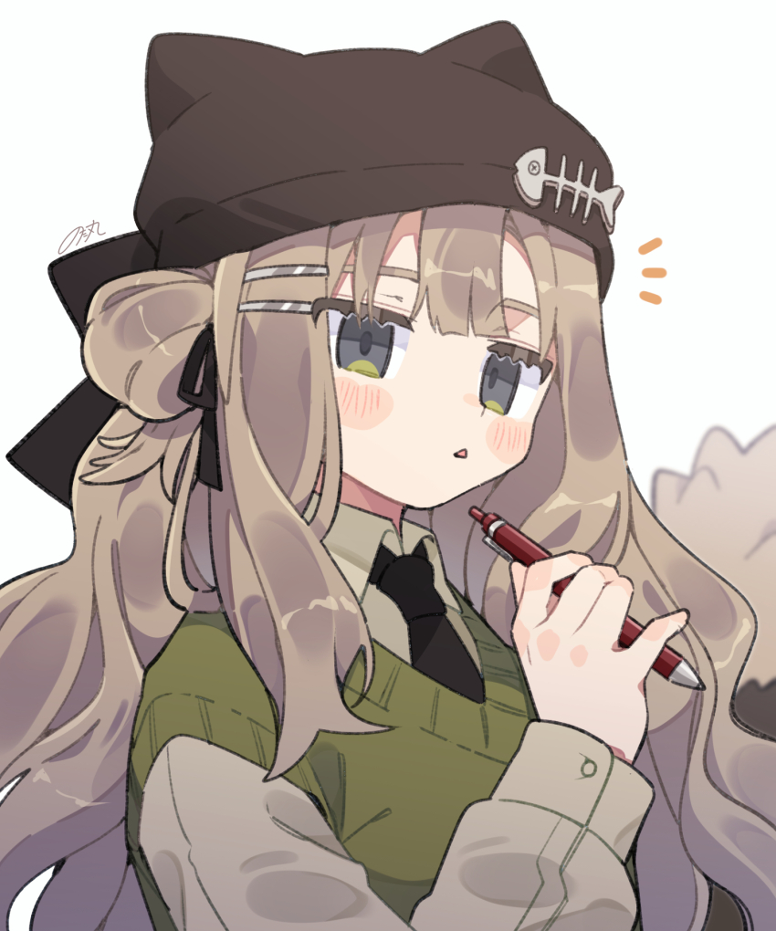 1girl beanie black_hat black_necktie blush_stickers brown_hair collared_shirt commentary_request green_eyes green_sweater_vest grey_shirt hat highres holding holding_pen kipfel_(vrchat) long_hair looking_at_viewer necktie notamaru_2 open_mouth pen school_uniform shirt signature simple_background solo sweater_vest upper_body vrchat white_background wing_collar