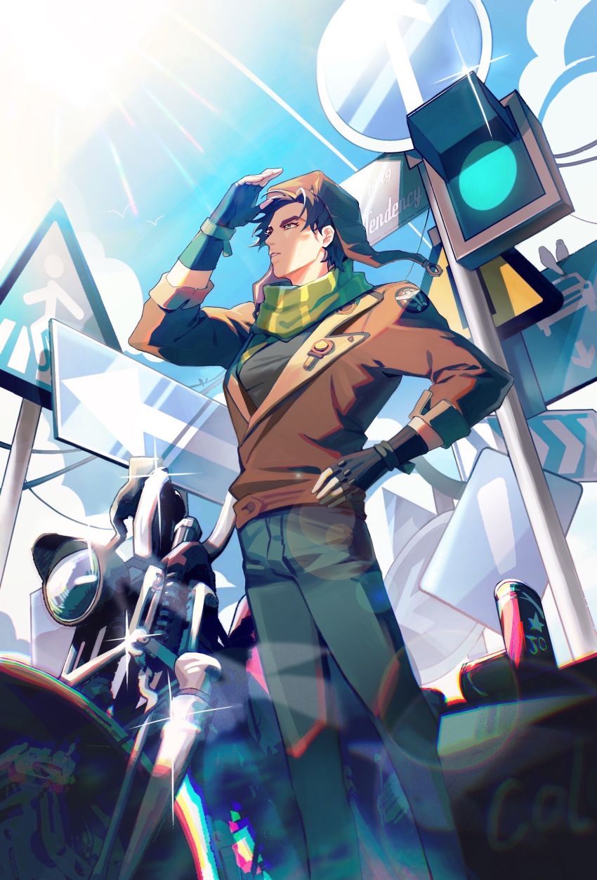 1boy absurdres battle_tendency bomber_hat bomber_jacket brown_hair brown_jacket can cityscape copyright_name denim drink_can fingerless_gloves gloves green_eyes hand_on_own_hip highres jacket jeans jojo_no_kimyou_na_bouken joseph_joestar joseph_joestar_(young) jpeg_artifacts looking_up male_focus motor_vehicle motorcycle pants pickieeeee road_sign scarf shading_eyes sign sky soda_can solo sun traffic_light year