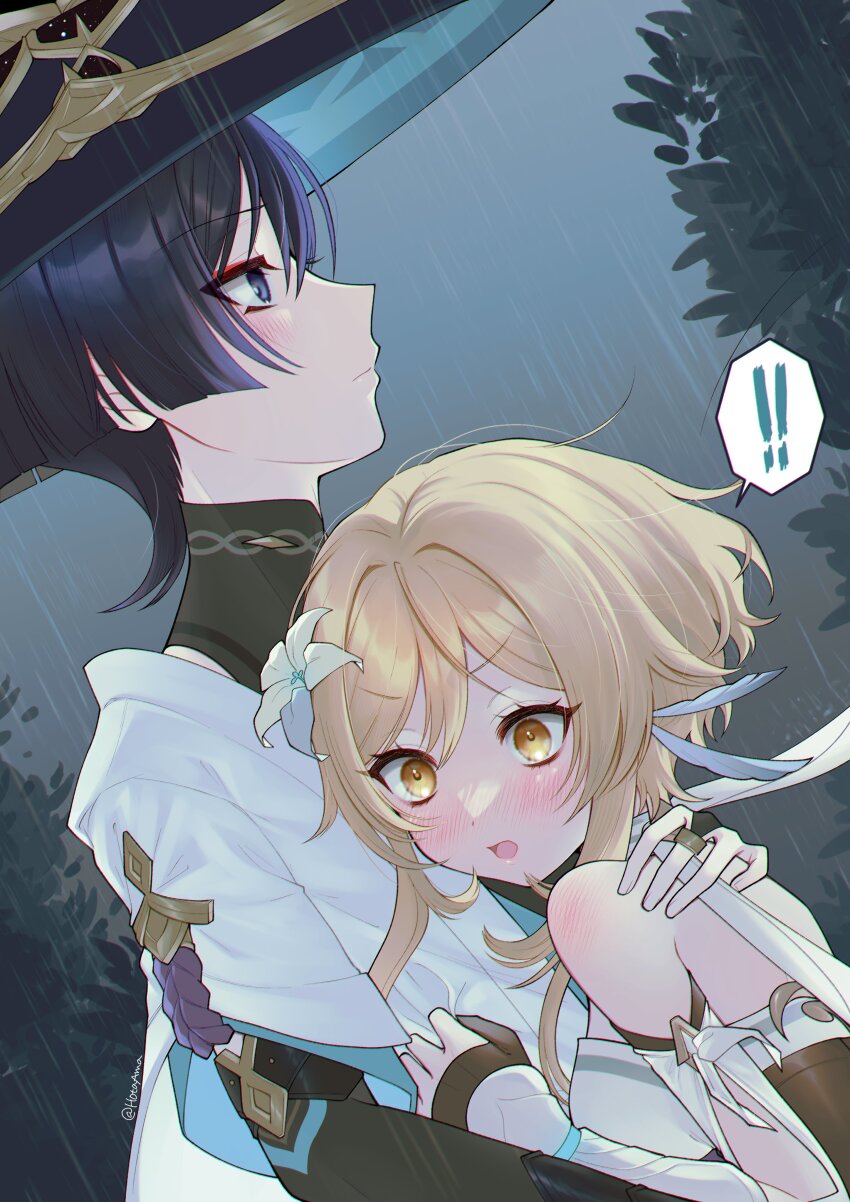 ! 1boy 1girl absurdres amano_hotaru_(hotaama) aqua_sleeves arm_cutout armor backless_dress backless_outfit black_bodysuit black_gloves black_hair blonde_hair blue_hat blue_trim blunt_ends blush bodysuit bridal_gauntlets clenched_hand closed_mouth clothes_grab couple detached_sleeves double-parted_bangs dress eyelashes eyeliner eyeshadow feather_hair_ornament feathers flower genshin_impact gloves gold_ring hair_between_eyes hair_flower hair_intakes hair_ornament hand_on_another&#039;s_back hat head_on_chest hetero highres hug japanese_armor japanese_clothes jingasa kimono knot kote kurokote layered_clothes layered_kimono layered_sleeves loose_hair_strand lumine_(genshin_impact) makeup mandarin_collar middle_ring multicolored_flower open_clothes open_kimono open_mouth partially_fingerless_gloves purple_eyes purple_flower purple_rope rain red_eyeliner red_eyeshadow rope scaramouche_(genshin_impact) scarf short_hair short_hair_with_long_locks short_sleeves shoulder_blush shoulder_peek sidelocks single_bare_shoulder speech_bubble spoken_exclamation_mark twitter_username v-shaped_eyebrows wanderer_(genshin_impact) white_dress white_flower white_kimono white_scarf white_sleeves wide-eyed yellow_eyes