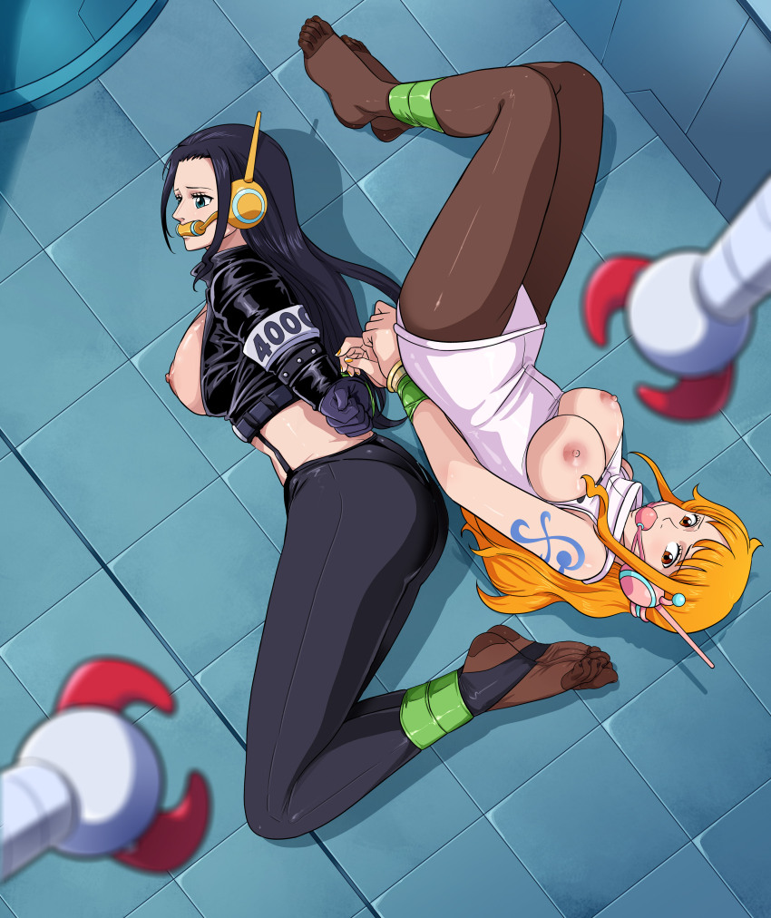 2girls absurdres alternate_legwear ass bdsm black_hair blue_eyes blurry blurry_foreground bondage bound breasts breasts_out cropped_jacket full_body gag gagged gloves highres jacket leather leather_jacket long_hair looking_at_viewer lost_one_zero mechanical_arms multiple_girls nami_(one_piece) nami_(one_piece)_(egghead) nico_robin nico_robin_(egghead) nipples one_piece orange_thighhighs pantyhose thighhighs tile_floor tiles wavy_hair