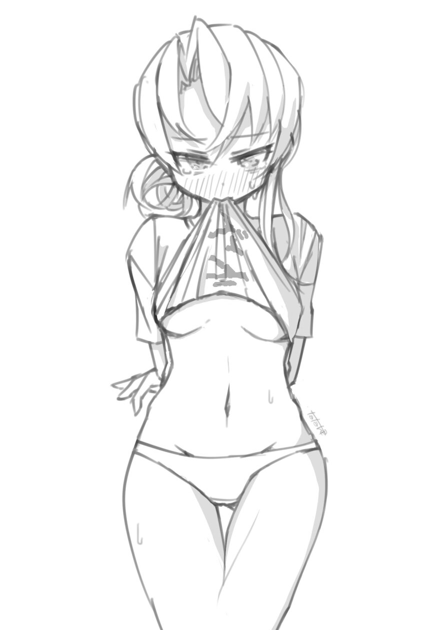 1girl alternate_costume asymmetrical_hair breasts clothes_lift clothes_writing commentary_request cowboy_shot flipped_hair highres kantai_collection lineart looking_at_viewer monochrome mouth_hold navel nowaki_(kancolle) open_mouth panties shirt shirt_lift small_breasts solo t-shirt tatahai thigh_gap underwear