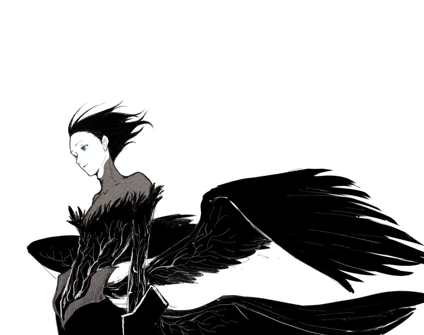 1boy blue_eyes collarbone cowboy_shot feathered_wings feathers floating_hair greyscale highres looking_ahead male_focus mochizuki_ryouji mole mole_under_eye monochrome multiple_wings otoko_haza parted_lips persona persona_3 short_hair simple_background solo spoilers spot_color white_background wings