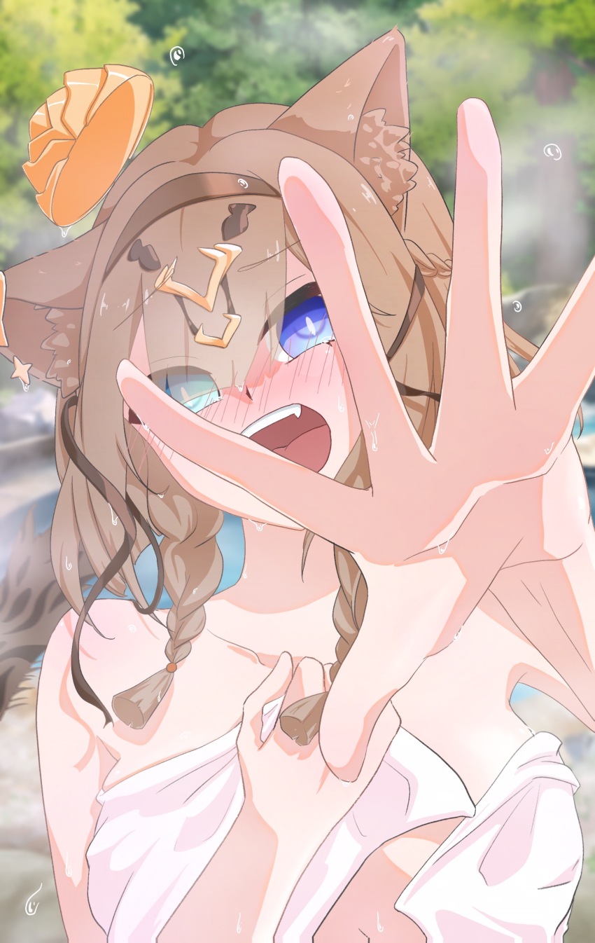 1girl absurdres animal_ear_fluff animal_ears blue_eyes blush breasts brown_hair cat_ears cat_girl cat_tail chinese_commentary commentary_request green_eyes heterochromia highres honkai_(series) honkai_impact_3rd large_breasts looking_at_viewer naked_towel onsen open_mouth pardofelis rinapaint_write short_hair_with_long_locks solo tail towel