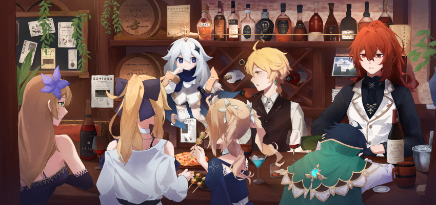 3boys 4girls absurdres aether_(genshin_impact) ahoge alcohol bar_(place) barbara_(genshin_impact) bard bare_shoulders bartender black_dress black_gloves black_scarf black_shirt black_vest blonde_hair blue_dress blue_eyes blue_hair bottle bow braid brown_hair cape capelet chalkboard choker clothing_cutout cocktail cocktail_glass collared_shirt commentary_request counter cup detached_sleeves diluc_(genshin_impact) dress dress_shirt drinking_glass earrings floating flower food from_behind genshin_impact gloves green_cape green_capelet green_eyes hair_between_eyes hair_bow hair_flower hair_ornament halo head_down highres holding holding_skewer ice ice_bucket ice_cube indoors jean_(genshin_impact) jewelry lace_trim leaning_forward liquor lisa_(genshin_impact) long_hair mechanical_halo multiple_boys multiple_girls paimon_(genshin_impact) pizza plant ponytail poster_(object) potted_plant pouring red_eyes red_hair scarf shirt shish_kebab shoulder_cutout single_braid single_earring sitting skewer standing twintails venti_(genshin_impact) vest vines vorlke_(nea_vorl) white_choker white_dress white_hair white_shirt white_vest wine_glass yellow_eyes
