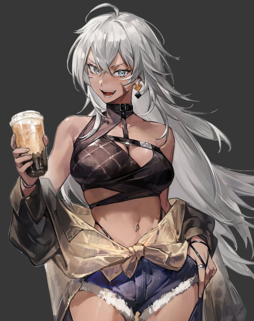 1girl :d absurdres ahoge azur_lane bare_shoulders between_breasts black_collar black_panties black_shirt blue_eyes bokyo breasts brown_jacket bubble_tea cleavage collar crossed_bangs dark-skinned_female dark_skin denim denim_shorts drink earrings grey_background hair_between_eyes hand_on_own_hip highleg highleg_panties highres holding holding_drink indiana_(azur_lane) jacket jewelry large_breasts long_hair looking_at_viewer navel navel_piercing off_shoulder official_art open_mouth panties piercing ring scar scar_on_face shirt shorts sleeveless sleeveless_shirt smile solo strap_between_breasts third-party_source tied_jacket underwear very_long_hair white_hair