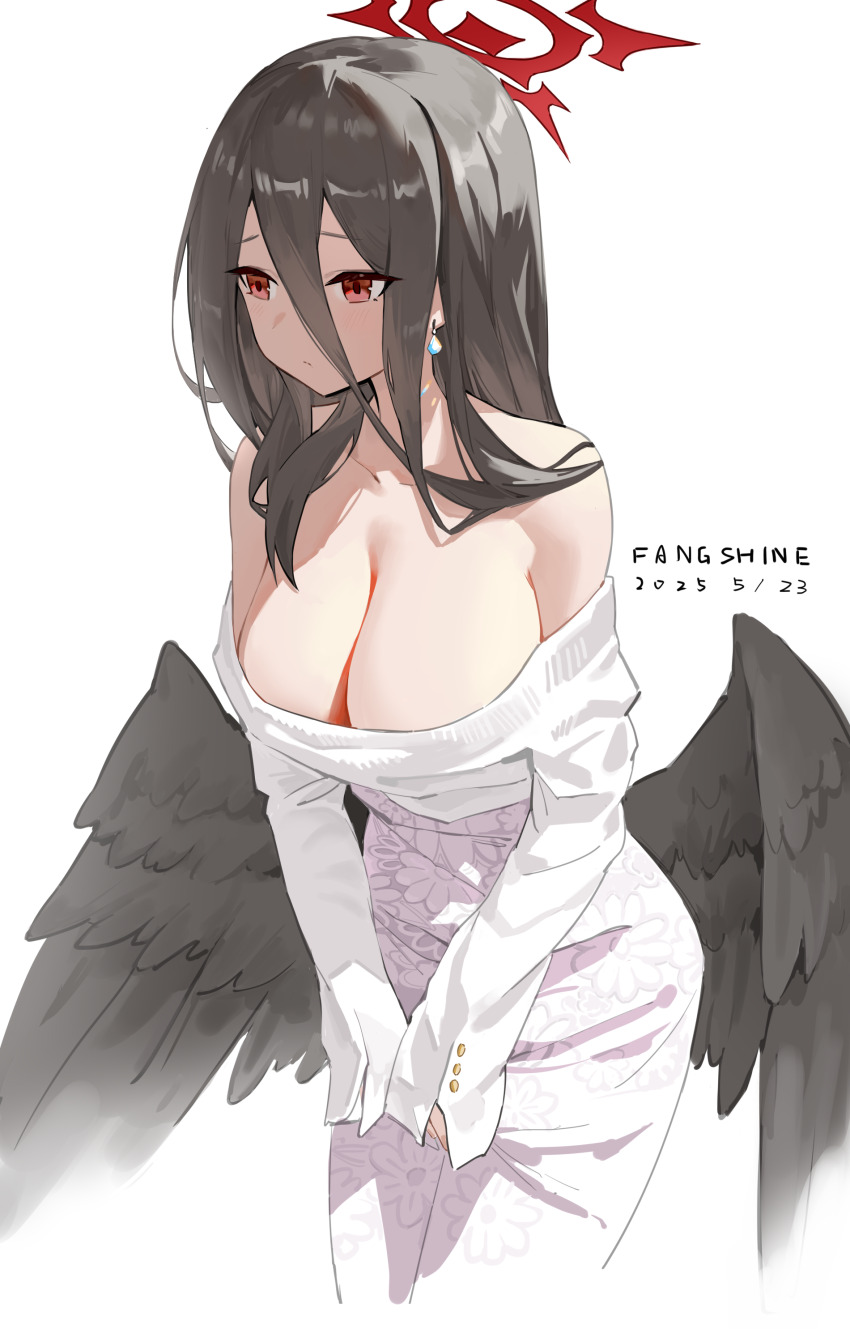 1girl absurdres alternate_costume bare_shoulders black_hair black_wings blue_archive breasts cleavage fang5hine feathered_wings floral_print floral_print_skirt hair_between_eyes halo hasumi_(blue_archive) highres large_breasts long_hair long_hair_between_eyes low_wings mole mole_under_eye off_shoulder print_skirt red_eyes red_halo shirt simple_background skirt solo white_background white_shirt white_skirt wings