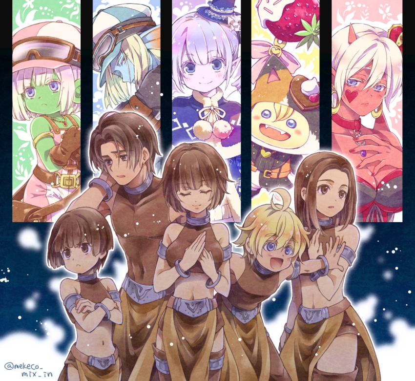 2boys 3girls :d ahoge bare_shoulders blonde_hair blue_eyes blue_skin blunt_bangs blunt_sidelocks bob_cut bow bracelet breasts brown_eyes brown_gloves brown_hair brown_skirt brown_thighhighs cleavage closed_eyes colored_eyelashes colored_skin commentary_request covered_collarbone covered_navel covered_pectorals cropped_shirt crossed_arms crown dragon_quest dragon_quest_x dual_persona dwarf_(dq10) earrings elf_(dq10) facial_tattoo fangs fins flat_chest food fruit gloves goggles goggles_on_headwear gold_armlet gold_earrings green_skin hand_on_own_cheek hand_on_own_chest hand_on_own_face head_fins heart heart_tattoo hero_(dq10) heroine_(dq10) hoop_earrings horns jewelry large_breasts large_ears medium_hair mekeko mini_crown multiple_boys multiple_girls navel ogre_(dq10) one_eye_closed open_mouth parted_hair pectorals pink_bow pointy_ears puklipo purple_skin red_skin shirt short_hair shoulder_spikes side_slit sidelocks silver_armlet silver_bracelet silver_choker skirt sleeveless sleeveless_shirt smile spikes strawberry tattoo thighhighs twitter_username weddie_(dq10) white_hair