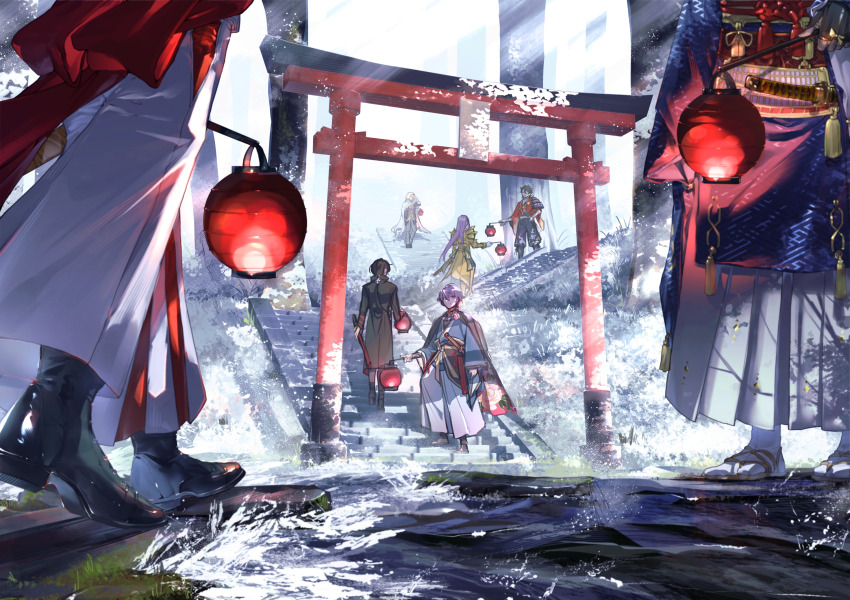 6+boys :d ^_^ ahoge armor armored_boots black_boots black_cape black_coat black_hair black_hakama black_pants black_shoes blonde_hair blue_eyes blue_jacket boots cape chain cloak closed_eyes coat double-parted_bangs floating_clothes floating_hair floral_print flower from_below full_body gloves gold_armor gold_boots grass grey_hakama grey_pants hachisuka_kotetsu hair_between_eyes hakama hakama_skirt high_heel_boots high_heels highres holding holding_lantern holding_sword holding_weapon hood hooded_cloak ichimonji_norimune jacket japanese_armor japanese_clothes kariginu kasen_kanesada kashuu_kiyomitsu katana kimono kote lantern light_rays long_hair looking_at_another low-tied_long_hair lower_body male_focus mikazuki_munechika multiple_boys mutsu-no-kami_yoshiyuki open_mouth outdoors pants pink_flower ponytail purple_hair sandals sayagata sheath sheathed shoes short_hair shoulder_armor sidelocks skirt smile spiked_hair stairs standing stream sunbeam sunlight sword tabi tandem tassel torii touken_ranbu tree turning_head walking water weapon white_cape white_cloak white_gloves white_hakama white_kimono yamanbagiri_kunihiro