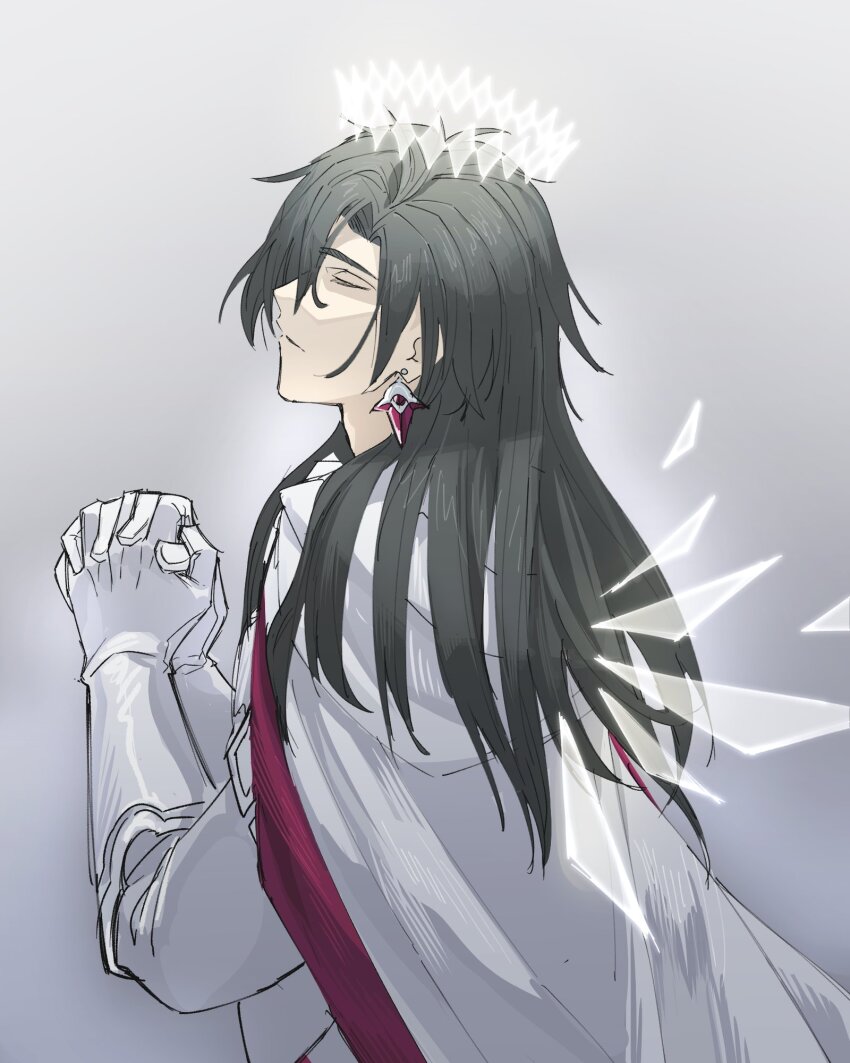 1boy black_hair cloak closed_eyes closed_mouth constantine_xi_(fate) crystal_wings curtained_hair detached_wings earrings fate/grand_order fate_(series) from_side gloves grey_background hair_between_eyes halo highres house_tag_denim jewelry korean_commentary male_focus own_hands_clasped own_hands_together praying profile shards simple_background solo tunic two-sided_cloak two-sided_fabric upper_body white_cloak white_gloves white_tunic wings