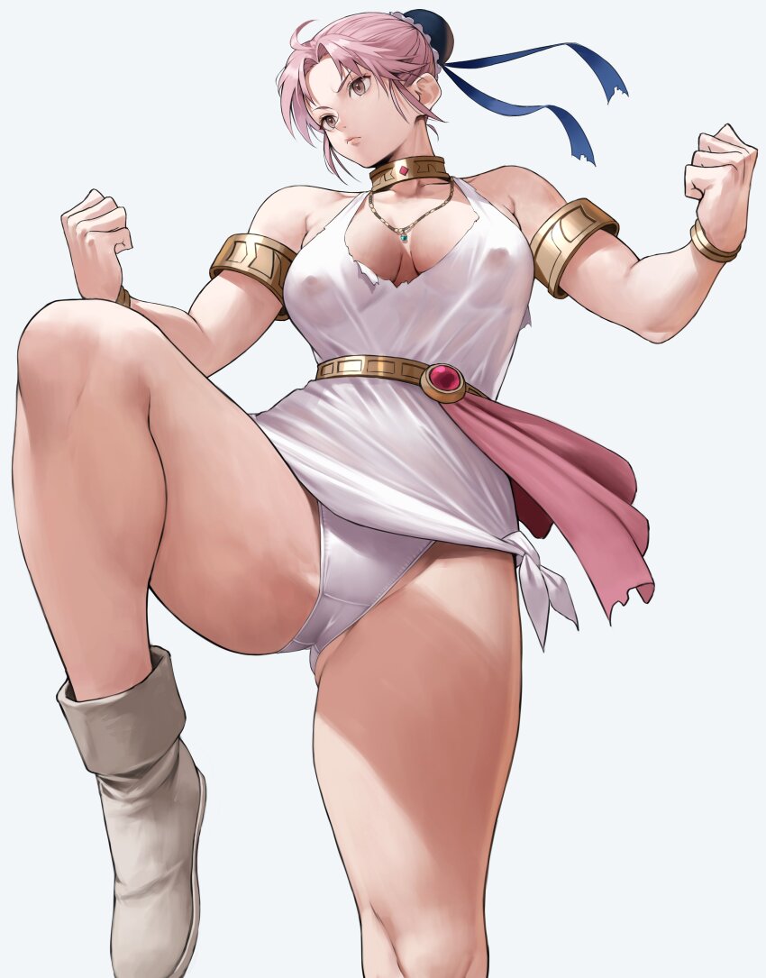 1girl absurdres armlet bare_shoulders bracelet breasts brown_eyes bun_cover cleavage collarbone covered_erect_nipples dragon_quest dragon_quest_dai_no_daibouken dress hair_bun highres jewelry large_breasts maam neck_ring necklace panties parted_bangs pink_hair short_dress short_hair single_hair_bun solo thighs underwear white_background white_dress white_panties yoshio_(55level)