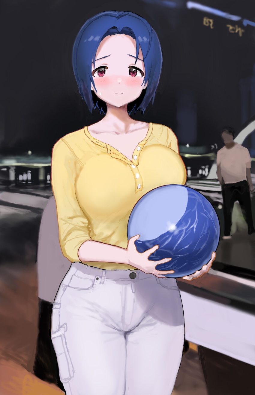 1boy 1girl absurdres ball black_pants blush bowling_alley bowling_ball bowling_pin breast_press breasts buttons closed_mouth faceless faceless_male highres hitodama_(madatohi) holding holding_ball idolmaster idolmaster_(classic) indoors large_breasts looking_at_viewer miura_azusa pants red_eyes shirt short_hair solo_focus sweat symbol-only_commentary white_pants yellow_shirt