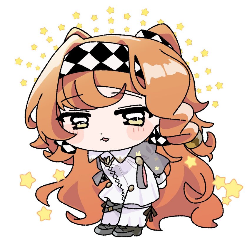 1girl black_footwear checkered_hairband dress full_body green_eyes hairband highres long_hair looking_at_viewer orange_hair pants pants_under_dress parted_lips reverse:1999 solo sonetto_(reverse:1999) standing star_(symbol) tanikomotimoti two_side_up very_long_hair white_background white_dress