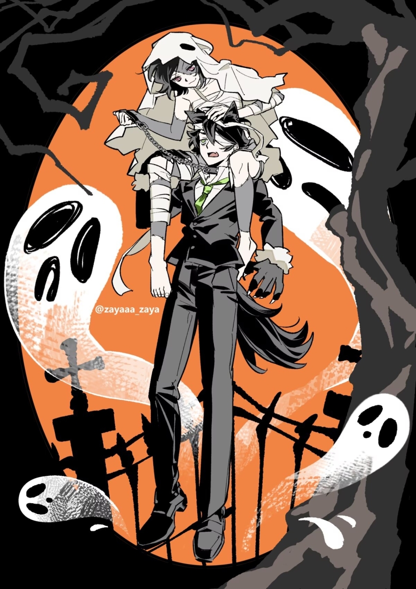 1boy 1girl andrew_graves animal_ears ashley_graves bandaged_arm bandaged_leg bandages bare_shoulders bare_tree barefoot black_border border bright_pupils brother_and_sister carrying chain chain_leash closed_mouth collar collarbone collared_shirt double-parted_bangs extra_ears eye_contact fang fence full_body ghost green_eyes green_necktie hair_between_eyes halloween hand_on_another&#039;s_head hand_on_another&#039;s_thigh highres holding holding_leash jacket leash loafers looking_at_another looking_down looking_up mummy_costume necktie open_mouth orange_background outside_border pants partially_colored pink_eyes round_border shirt shoes short_hair shoulder_carry siblings simple_background skin_fang smile spiked_collar spikes standing stitched_arm stitched_face stitched_leg stitches tail the_coffin_of_andy_and_leyley toenails toes tongue tree twitter_username werewolf wolf_boy wolf_ears wolf_tail zayaaa_zaya