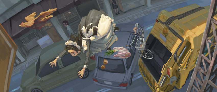 3girls apron bag bicycle bird black_dress brown_hair car chicken commentary day dress english_commentary garbage_truck highres long_hair long_sleeves maid maid_apron maid_headdress midair motor_vehicle multiple_girls onion original others_(gogo-o) outdoors outstretched_arms road shopping_bag spring_onion truck white_apron