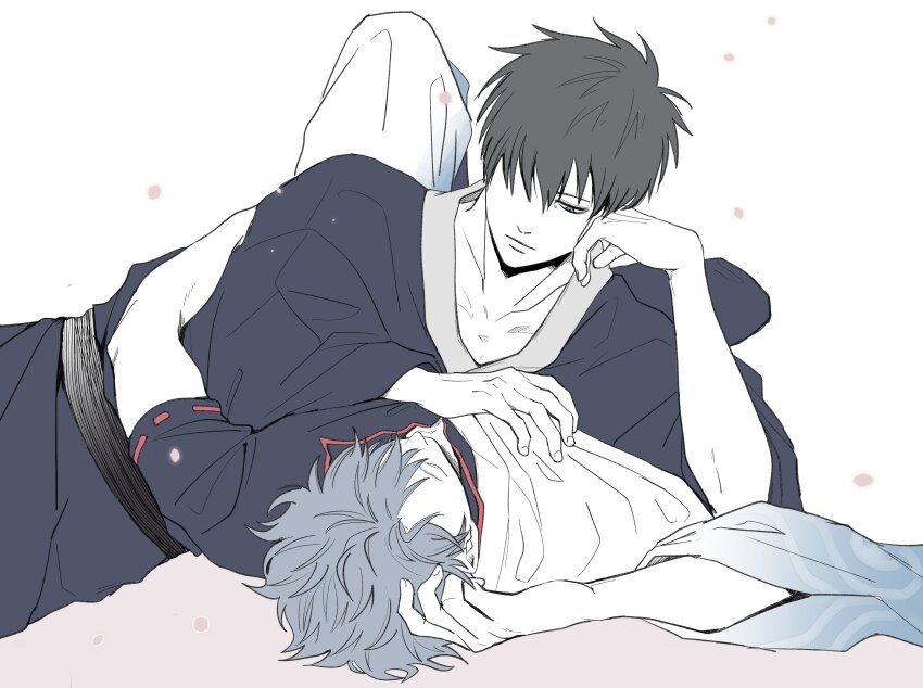 2boys absurdres arm_around_shoulder back_hair black_robe black_shirt closed_eyes collarbone collared_shirt commentary_request ghqjyu gintama grey_hair hadanugi_dousa hand_on_another&#039;s_chest highres hijikata_toushirou long_sleeves looking_at_another looking_down lying male_focus multiple_boys on_back one_eye_covered open_collar open_kimono red_trim robe sakata_gintoki shirt short_sleeves wide_sleeves yaoi