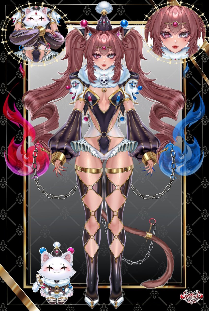 animal_ears blue_eyes brown_hair cat cat_ears clown_girl fireball harlequin heterochromia indie_virtual_youtuber melia_bunches myuutew red_eyes twintails virtual_youtuber