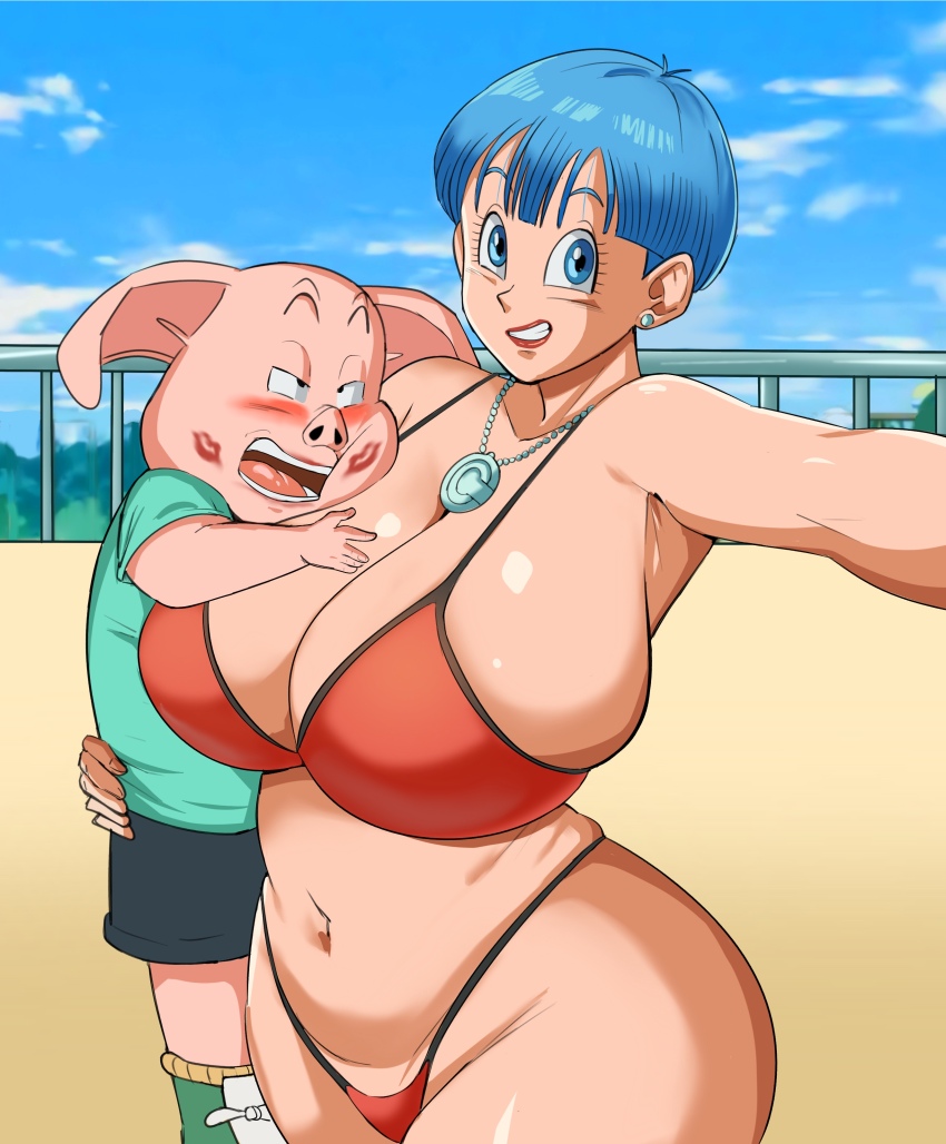 1boy 1girl bikini breasts bulma cleavage dragon_ball dragon_ball_super dragonball_z huge_breasts large_breasts oolong panarandom swimsuit