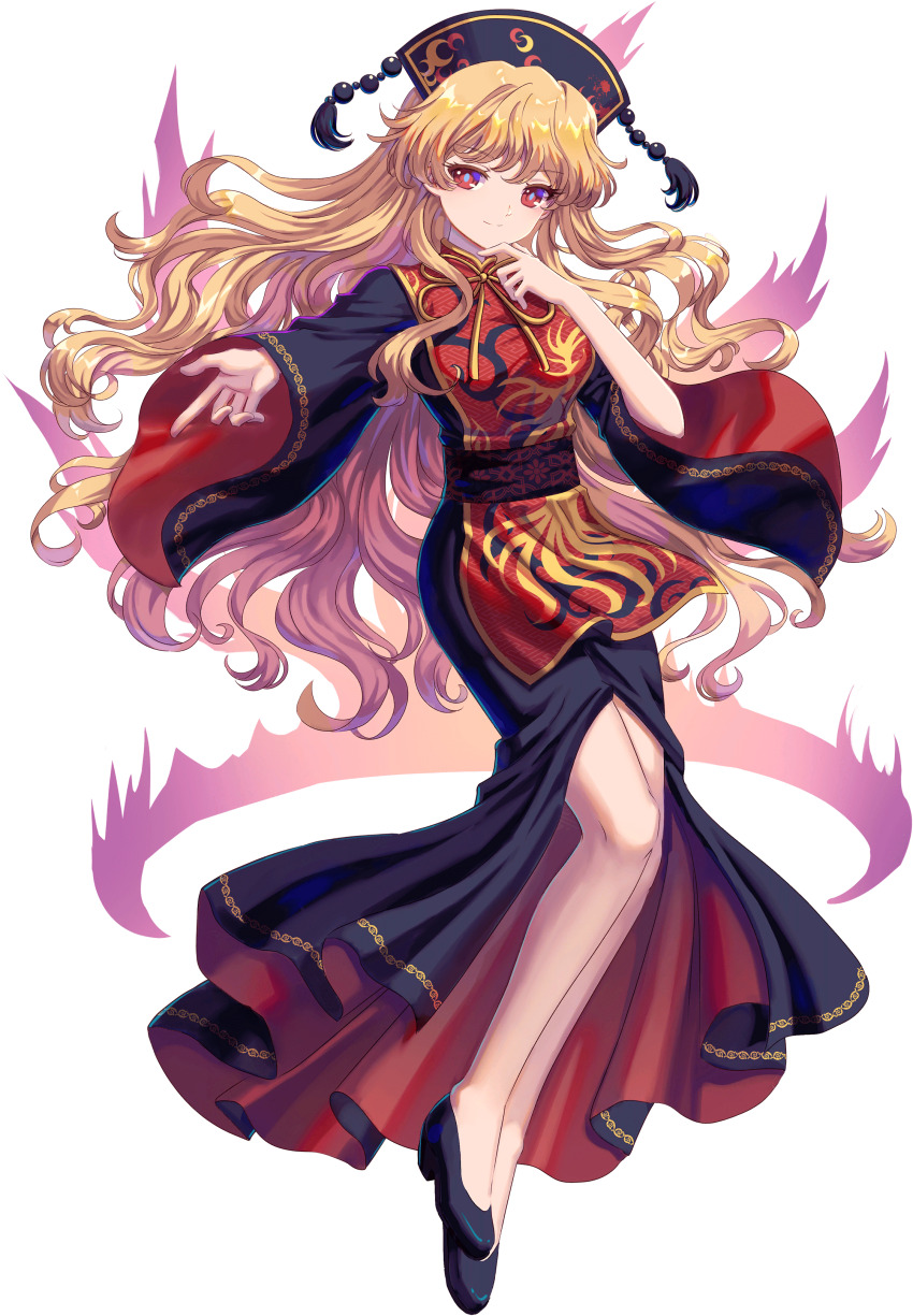 1girl absurdres black_dress black_footwear black_hat blonde_hair breasts chinese_clothes crescent crescent_print dalachi_(headdress) dress fire flats full_body game_cg hat highres junko_(touhou) kumio long_hair no_socks non-web_source purple_fire red_eyes red_tabard ribbon solo tabard tachi-e touhou touhou_blooming_chaos wide_sleeves yellow_ribbon