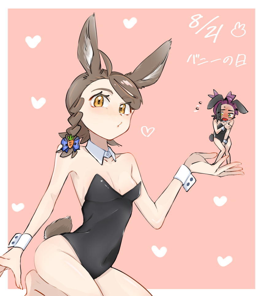 1boy 1girl ahoge alternate_costume animal_ears bare_legs bare_shoulders barefoot black_hair black_leotard blue_bow blush bow braid breasts breasts_apart brown_eyes brown_fur brown_hair bunny_day carrot_hair_ornament covered_navel covering_breasts covering_crotch covering_privates creatures_(company) crossdressing dated detached_collar embarrassed eyelashes flying_sweatdrops food-themed_hair_ornament full-face_blush game_freak hair_bow hair_ornament hama_bebi hand_up heart highres in_palm juliana_(pokemon) kieran_(pokemon) kneeling knees_together_feet_apart leotard looking_at_viewer male_playboy_bunny mini_person miniboy multicolored_hair nintendo no_shoes nontraditional_playboy_bunny o3o open_mouth pink_background playboy_bunny pokemon pokemon_sv purple_hair rabbit_boy rabbit_ears rabbit_girl rabbit_tail seiza side_braid single_braid sitting small_breasts standing strapless strapless_leotard sweatdrop tail timestamp translation_request trap two-tone_hair wrist_cuffs yellow_eyes