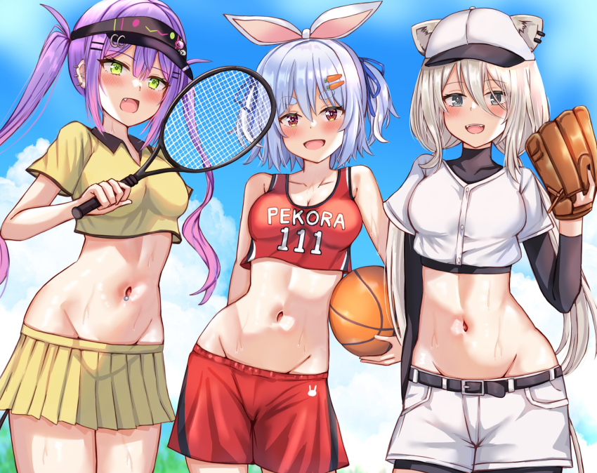 3girls animal_ear_fluff animal_ears ball baseball_cap basketball basketball_(object) blue_hair blush breasts cleavage contrapposto cowboy_shot crop_top ears_through_headwear green_eyes grey_eyes grey_hair groin hat highres hololive large_breasts lion_ears looking_at_viewer medium_breasts midriff multiple_girls navel nootomo open_mouth orange_eyes purple_hair racket shishiro_botan sky smile sportswear tennis_racket tied_ears tokoyami_towa twintails usada_pekora virtual_youtuber