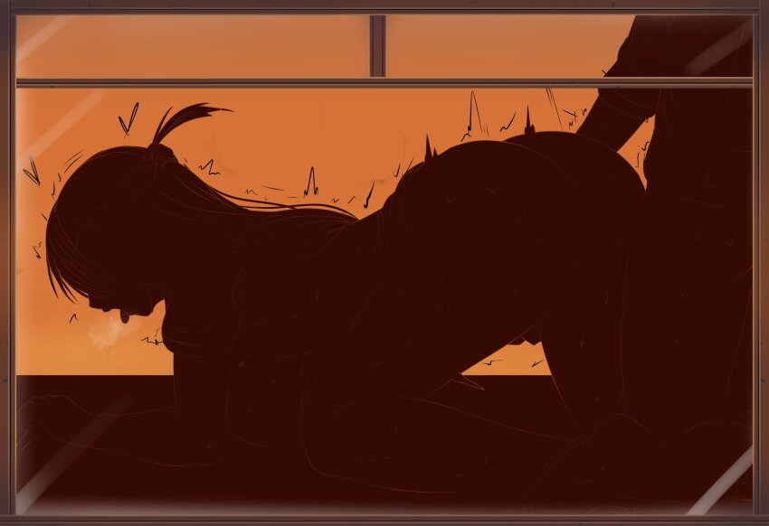 1boy 1girl all_fours breasts breath clothed_sex doggystyle fuzzlogik highres kanojo_okarishimasu large_breasts long_hair mizuhara_chizuru nipples orange_background sex_from_behind silhouette simple_background solo_focus tongue tongue_out vaginal