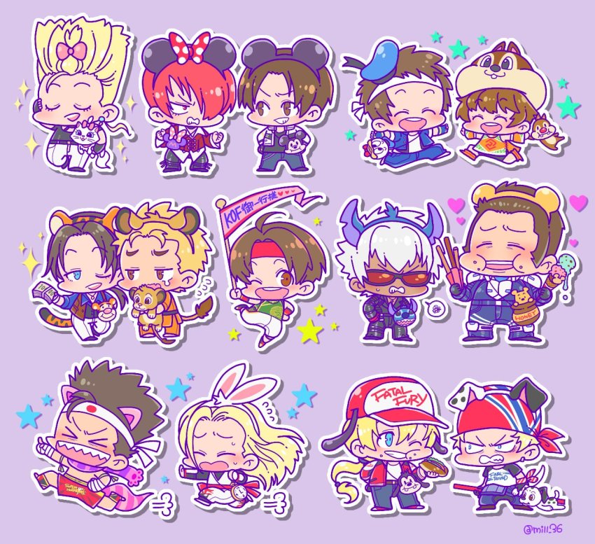 101_dalmatians alice_in_wonderland andy_bogard animal_ears bandana bao_(kof) billy_kane blonde_hair brown_hair chibi disney fatal_fury headband highres hot_dog ice_cream_cone joe_higashi k&#039;_(kof) kusanagi_kyou long_hair male_focus maxima miru_(mill_36) multiple_boys nikaidou_benimaru red_hair ribbon robert_garcia ryou_sakazaki ryuuko_no_ken sie_kensou snk sparkle staff terry_bogard the_king_of_fighters yabuki_shingo yagami_iori