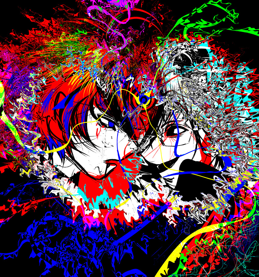 2boys absurdres aotsuki_eito black_background black_eyes black_hair blue_eyes blue_hair eye_contact highres looking_at_another male_focus multicolored_hair multiple_boys open_mouth red_eyes red_hair sumino_takumi surreal the_hundred_line_-last_defense_academy-