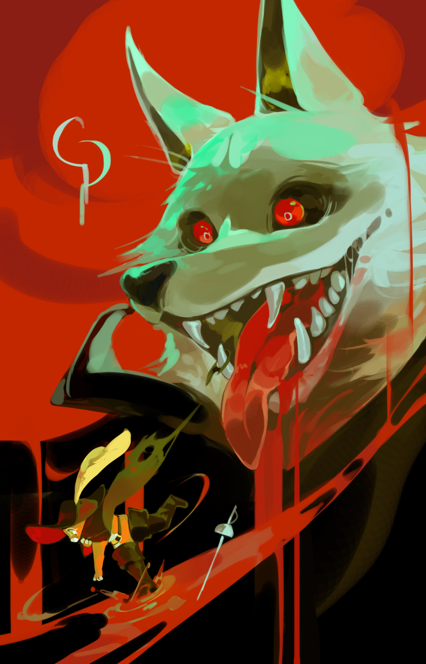 absurdres animal_ears belt black_cape blankowalski blood boots cape cavalier_hat death_(puss_in_boots) fangs furry furry_male hat hat_feather highres male_focus open_mouth orange_fur puss_in_boots:_the_last_wish puss_in_boots_(shrek) red_eyes running shrek_(series) sickle smile sword weapon wolf wolf_boy