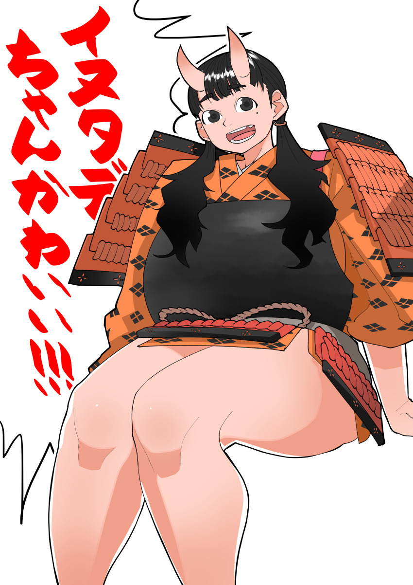1girl absurdres armor assha_(schector) black_eyes black_hair commentary_request dou dungeon_meshi feet_out_of_frame highres horns inutade invisible_chair japanese_armor japanese_clothes kimono kote long_hair looking_at_viewer low_twintails mole mole_under_eye open_mouth orange_kimono simple_background sitting skin-covered_horns smile solo translation_request twintails white_background