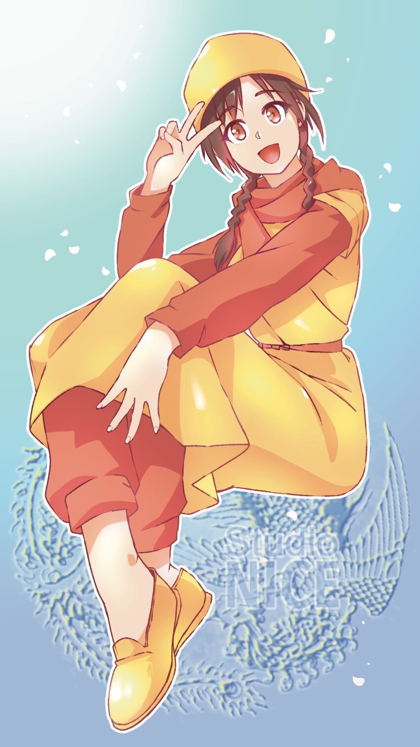 1girl artist_logo blue_background braid brown_eyes brown_hair chinese_clothes dress happy highres ling_shen_hua logo long_sleeves looking_at_viewer open_mouth pants petals red_pants red_scarf red_sleeves scarf sega shenmue shenmue_i shenmue_ii shoes sitting smile solo studionice2011 twin_braids v yellow_dress yellow_headwear yellow_shoes