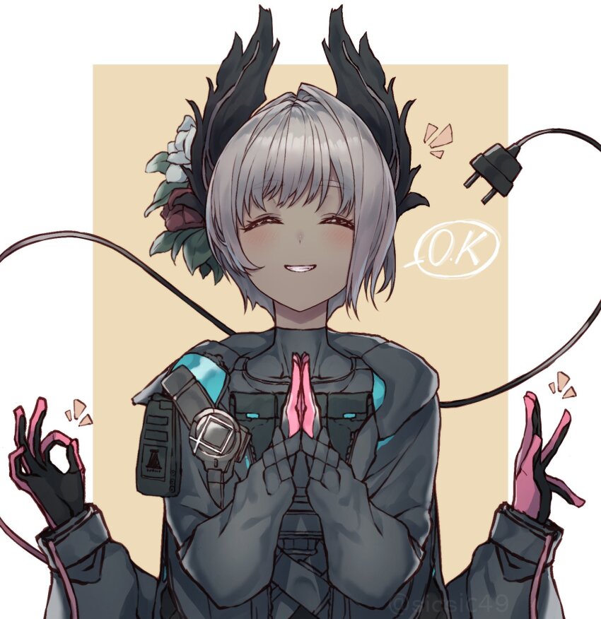 1girl :d arknights black_gloves black_jacket blush border closed_eyes commentary_request dark-skinned_female dark_skin electric_plug electric_plug_tail extra_arms facing_viewer gloves grey_hair grin highres jacket long_sleeves money_gesture notice_lines open_mouth outside_border own_hands_together palms_together pink_gloves raidian_(arknights) short_hair sicsic49 smile solo tail twitter_username upper_body watermark white_border