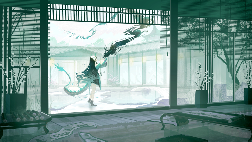 1girl absurdres architecture arknights black_footwear black_hair bridge colored_skin commentary dragon dragon_girl dragon_horns dragon_tail dusk_(arknights) east_asian_architecture eastern_dragon fire flame-tipped_tail green_skin highres horns house indoors ink long_hair multicolored_hair natsuba002 outdoors pond scenery solo tail very_long_hair wide_shot