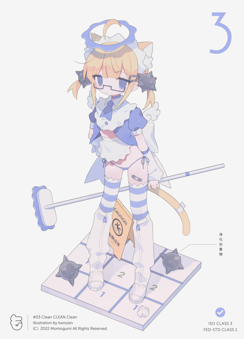 1girl ahoge angel_wings animal_ear_fluff animal_ears apron artist_name ascot bandaid bandaid_on_leg bandaid_on_thigh blonde_hair blue_ascot blue_choker blue_eyes blue_halo blue_panties blue_shirt blue_thighhighs boots broom cat_ears cat_girl cat_tail choker collared_shirt copyright_notice daizu_(melon-lemon) dated detached_ahoge detached_sleeves english_text explosive extra_ears faux_figurine full_body glasses hair_ornament hairclip halo highres holding holding_broom knee_boots looking_at_viewer maid_apron maid_headdress mine_(weapon) minesweeper mini_wings no_pants open_clothes open_shirt original panties parted_lips puffy_short_sleeves puffy_sleeves ribbon semi-rimless_eyewear shirt short_hair short_sleeves short_twintails side-tie_panties sidelocks simple_background solo spike_ball spike_ball_hair_ornament standing stray_hair string_panties striped_clothes striped_thighhighs tail tail_ornament tail_ribbon thighhighs tile_floor tiles translated twintails under-rim_eyewear underwear used_tissue wet_floor_sign white_apron white_background white_boots white_sleeves wings zipper_footwear zipper_pull_tab