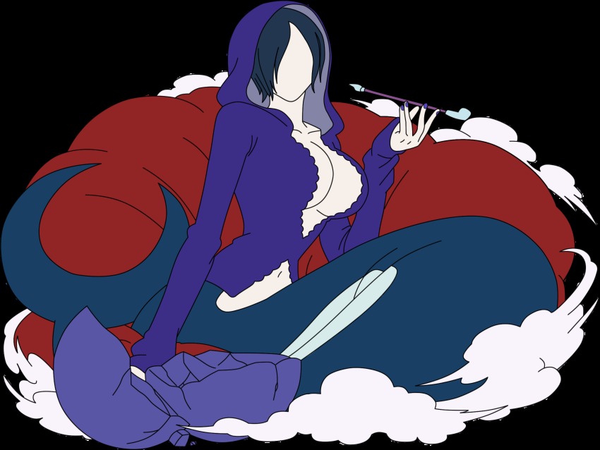 1girl black_hair breasts cleavage crystal_ball faceless female_focus highres hood madame_shirley mermaid monster_girl one_piece one_piece:_treasure_cruise red_upholstery short_hair sitting smoking_pipe solo