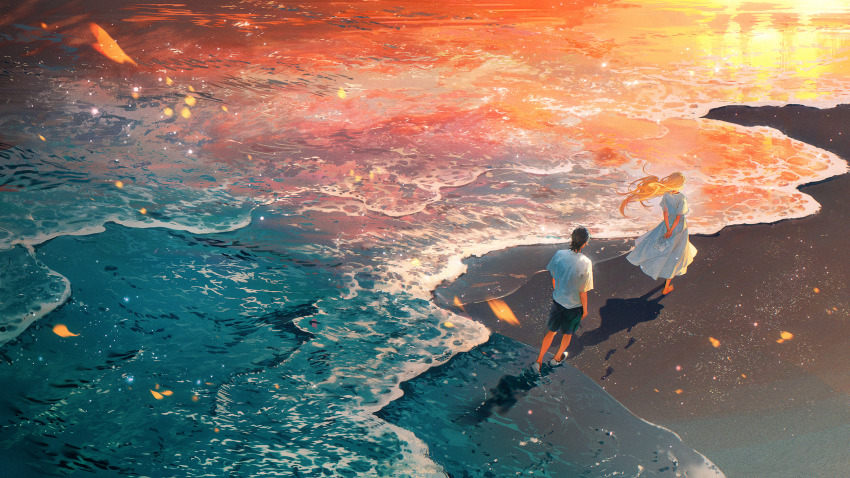 1boy 1girl ajiro_shinpei arms_behind_back beach black_hair blonde_hair dress facing_away floating_hair footprints from_above highres holding holding_shoes holding_unworn_clothes kofune_ushio long_hair ocean outdoors reflection reflective_water sand sandals scenery shirt shoes shore short_hair summertime_render sunset tidsean unworn_sandals unworn_shoes walking water waves white_dress white_shirt wide_shot wind