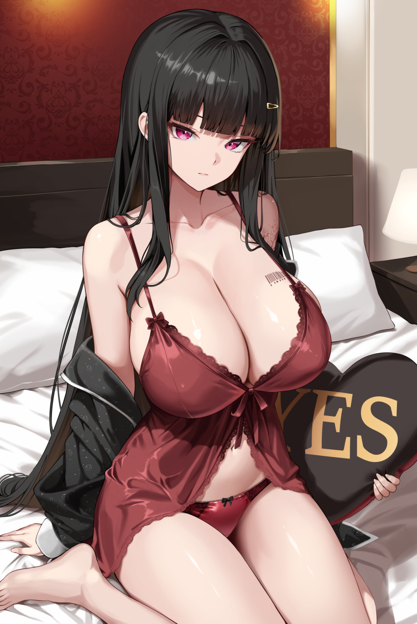 1girl absurdres alternate_costume babydoll barcode barcode_tattoo bare_shoulders barefoot bed black_hair breast_tattoo breasts cleavage closed_mouth collarbone d_(nikke) goddess_of_victory:_nikke hair_ornament hairclip heart heart-shaped_pillow highres indoors lamp long_hair looking_at_viewer masaki_nanaya navel off_shoulder on_bed panties pillow purple_eyes red_babydoll red_panties sitting solo tattoo thighs underwear wariza yes-no_pillow