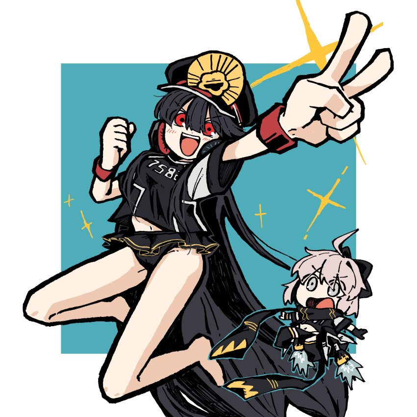 absurdres ahoge bikini black_bikini black_bow black_hair black_scarf blonde_hair blush bow breasts crest family_crest fate/grand_order fate_(series) gloves hair_between_eyes hair_bow hat headphones headphones_around_neck highres long_hair looking_at_viewer medium_breasts multiple_girls navel oda_nobunaga_(fate) oda_nobunaga_(swimsuit_berserker)_(fate) oda_uri okita_j._souji_(fate) okita_j._souji_(first_ascension)_(fate) okita_souji_(fate) open_mouth peaked_cap red_eyes scarf short_hair single_glove smile swimsuit thighhighs v very_long_hair