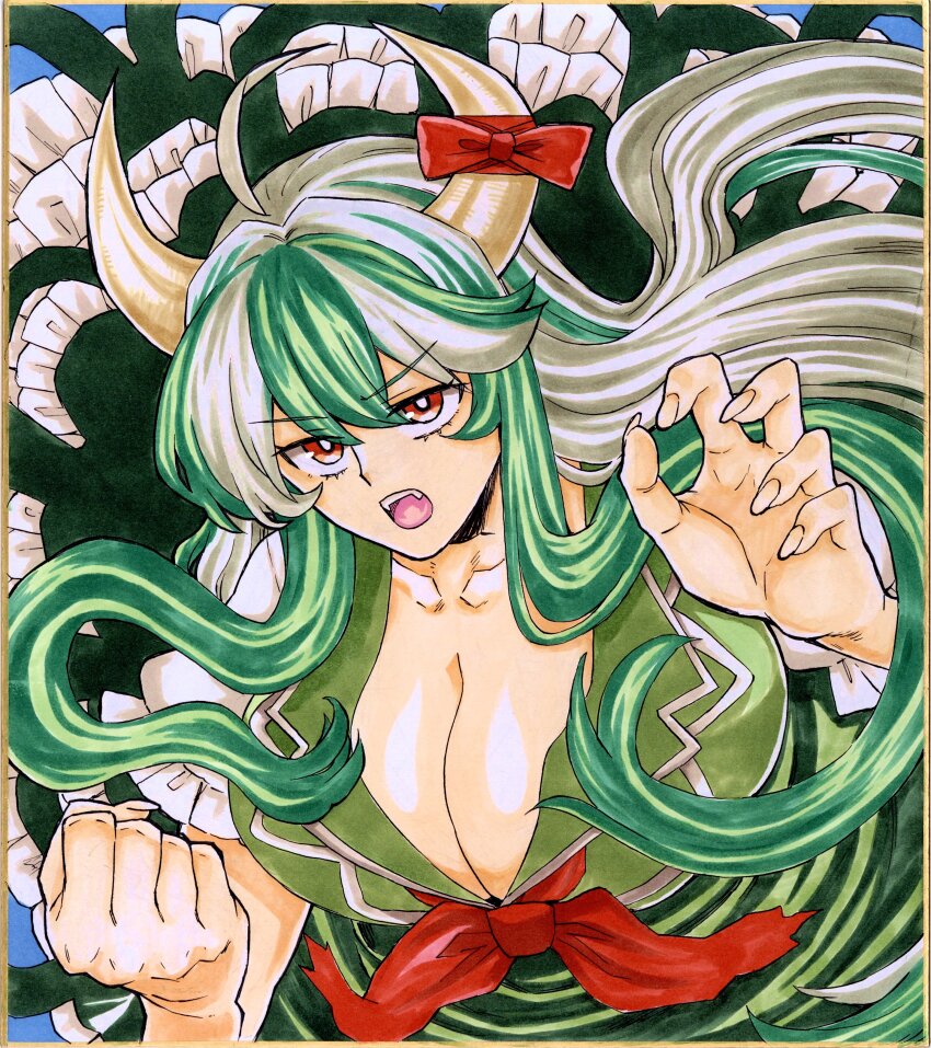 1girl absurdres bow breasts cleavage ex-keine green_hair highres horn_bow horn_ornament horns kamishirasawa_keine large_breasts long_hair matsuri_kyuuta red_eyes solo spiked_hair tagme touhou traditional_media upper_body