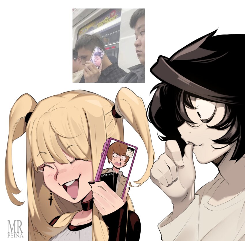 amane_misa biting biting_own_thumb black_choker black_eyes black_hair blonde_hair choker closed_eyes cross cross_earrings death_note death_note_(object) earrings highres holding holding_phone jewelry l_(death_note) man_looks_at_himself_on_someone&#039;s_phone_(meme) meme mr.psina open_mouth phone shinigami thumb_to_mouth two_side_up white_background wide-eyed yagami_light