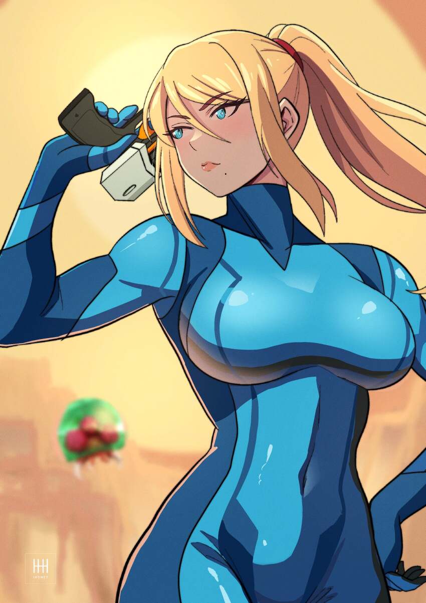 1girl absurdres alien blonde_hair blue_bodysuit blue_eyes bodysuit breasts clenched_hands collarbone covered_navel energy_gun expressionless eyelashes female_focus groin gun hair_between_eyes hand_on_own_hip hand_up high_ponytail highres ihsnet large_breasts lips long_hair looking_afar looking_to_the_side metroid metroid_(creature) mole mole_under_mouth neck nintendo outdoors over_shoulder paralyzer ponytail print_bodysuit ray_gun samus_aran sidelocks skin_tight standing swept_bangs turning_head turtleneck turtleneck_bodysuit weapon weapon_over_shoulder zero_suit