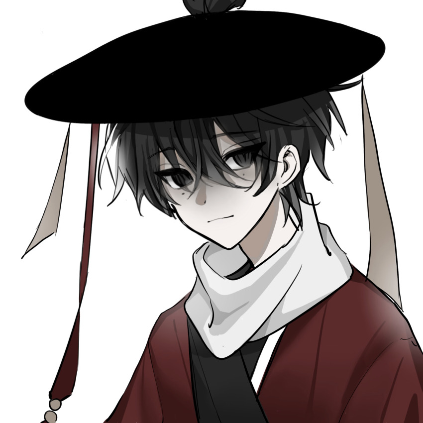 1boy black_eyes black_hair black_hat cen_boyao chinese_commentary closed_mouth commentary_request hair_between_eyes hat highres huayangshan_jishi japanese_clothes kimono male_focus mole mole_under_each_eye mole_under_eye multiple_moles qiuyiweiqi84982 red_kimono simple_background smile solo upper_body white_background
